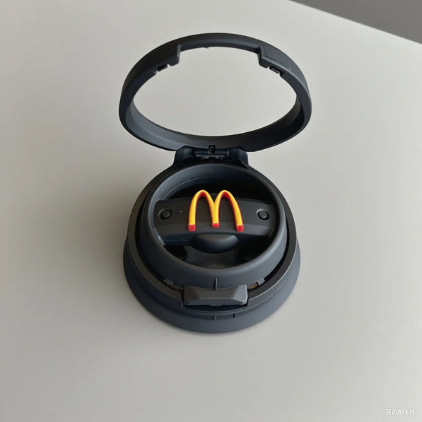 Mini Cooper cup holders showing matte black, red arch, black arch, mouse icon, and dragon symbol designs