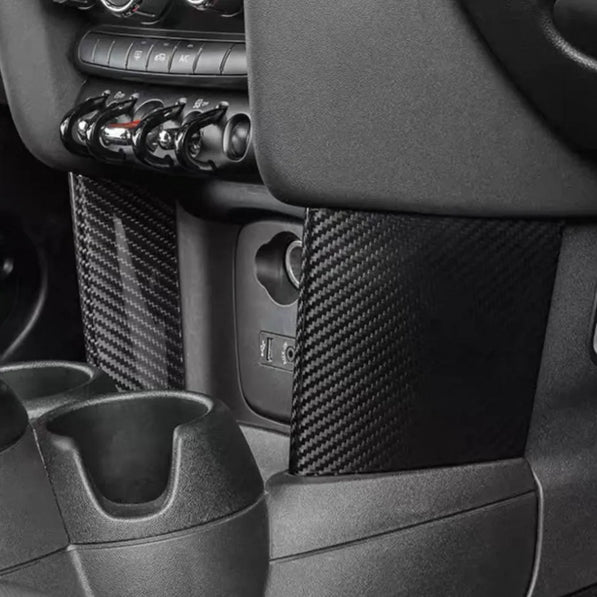 Close-up of carbon fiber trim installed on MINI Cooper S F56 interior