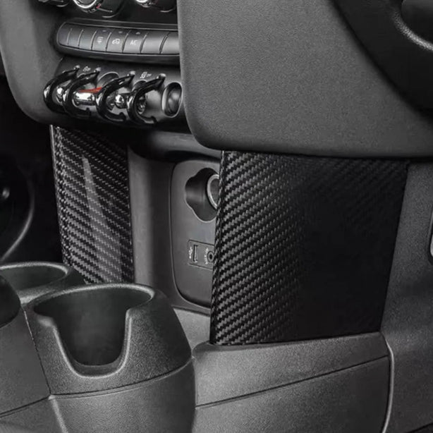 Close-up of carbon fiber trim installed on MINI Cooper S F56 interior