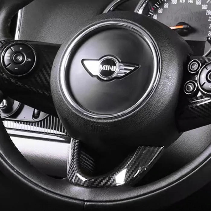 Close-up of steering wheel control and lower trim in carbon fiber for MINI Cooper S & JCW