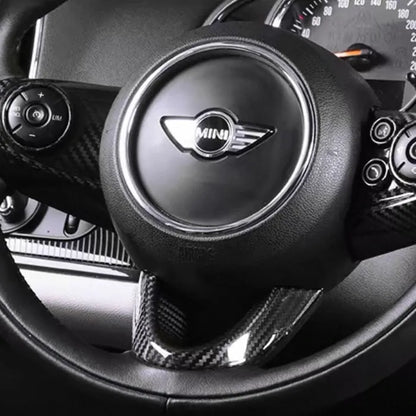 Close-up of steering wheel control and lower trim in carbon fiber for MINI Cooper S & JCW