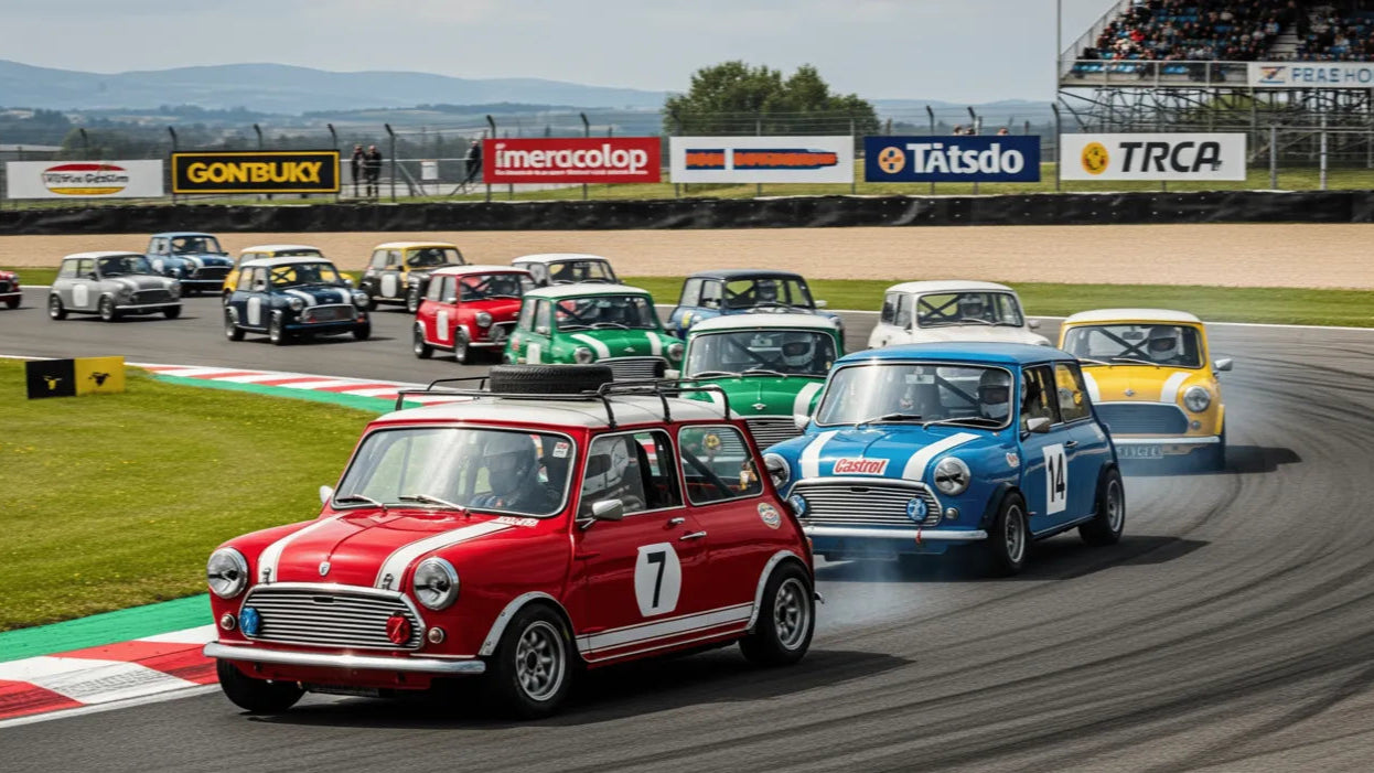 Vintage mini cooper racing on a track with sponsor banners in the background