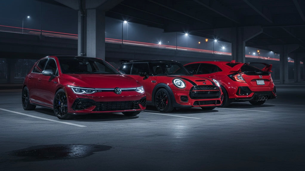 Premium automotive workshop scene with hatchback, sedan, and compact cars, showcasing OneMiniBite’s collection of custom aftermarket styling parts.
