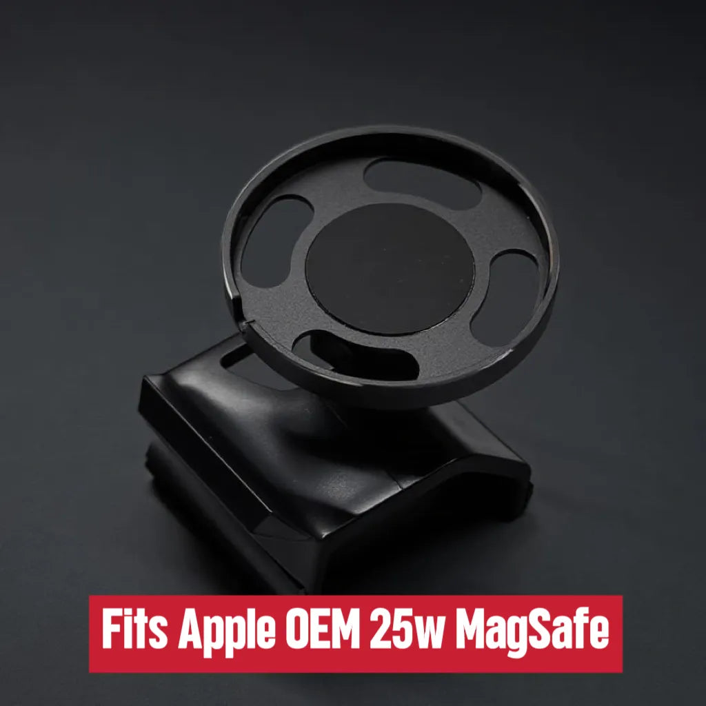 Close-up of the Oneminibite 25W MagSafe charger holder installed in a VW Golf MK8, showing OEM-fit design for the best MK8 Golf phone holder setup.