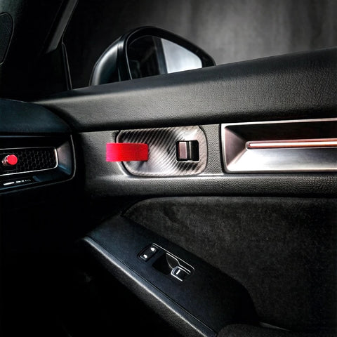 RS-style carbon fiber door pull upgrade for Honda Civic FL5 Type R and 11th Gen Civic, featuring dry carbon trim and nylon strap interior door handle replacement