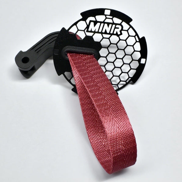 Complete pair of red RS-style handle pull straps for left and right doors of MINI Cooper R58.