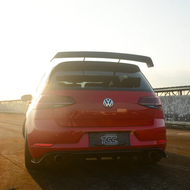 VW Golf MK7 GTI carbon fiber rear spoiler 45 degree rear angle adjustable swan neck wing installed 2015 2016 2017