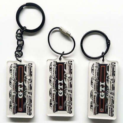  VW GTI badge keychain with 3 attachment options for bags, jackets, and keys, made for Golf GTI fans.