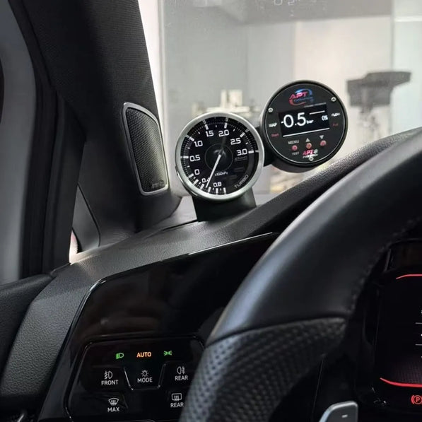 Installed gauge pod on VW Golf MK8 GTI, racing-style, sleek aero engine-inspired design, OEM finish, alternative to CJM and AeroForce pods
