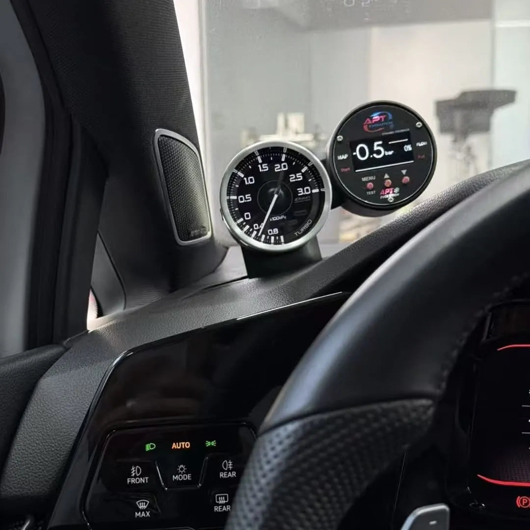 Installed gauge pod on VW Golf MK8 GTI, racing-style, sleek aero engine-inspired design, OEM finish, alternative to CJM and AeroForce pods