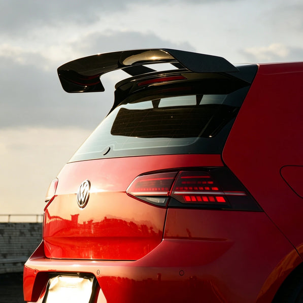 OneMiniBite rear spoiler installed on a Volkswagen Golf MK7 GTI showing the complete OEM+ rear profile