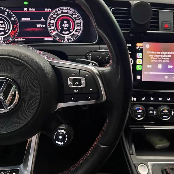 Backlit Sport Chrono knob for VW Golf MK7, MK8, GTI, R – OEM fit, seamless integration with responsive controls and tactile feedback.