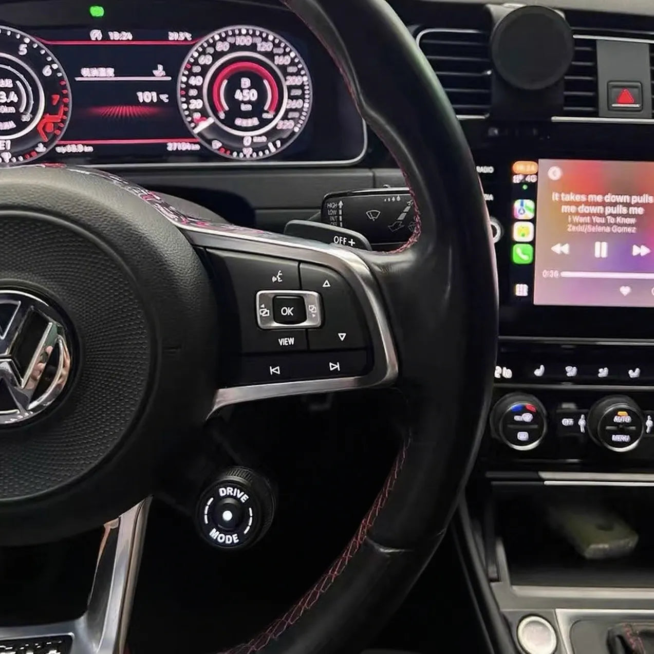 Backlit Sport Chrono knob for VW Golf MK7, MK8, GTI, R – OEM fit, seamless integration with responsive controls and tactile feedback.