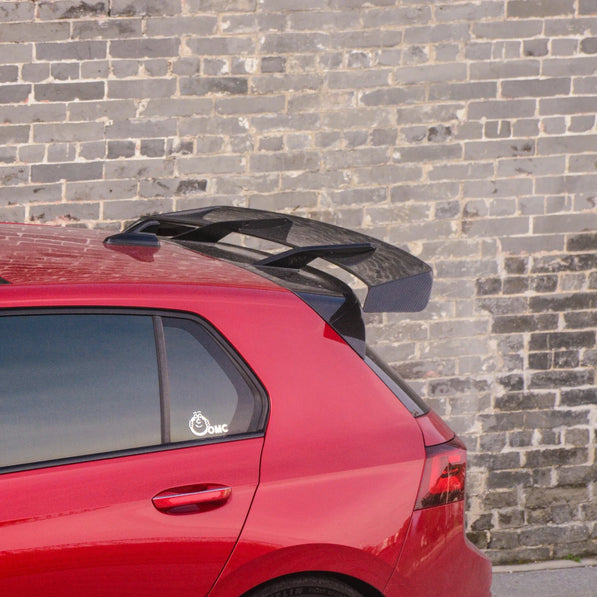 VW Golf MK8.5 GTI R swan neck trunk spoiler CNC aluminum brackets carbon fiber rear side 2024 2025