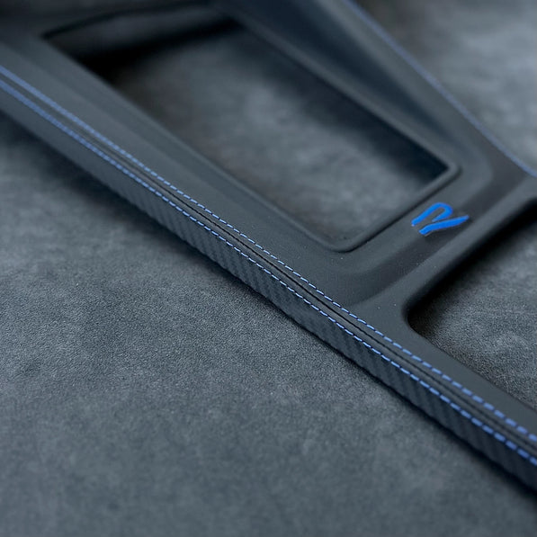 VW Golf MK8.5 R LHD leather and matte carbon twill gear shift panel cover detail — blue stitch, R logo