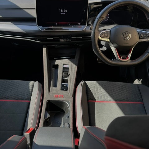 VW Golf MK8 GTI Clubsport RHD Alcantara console cover installed, angled view — uk, au, nz 2026