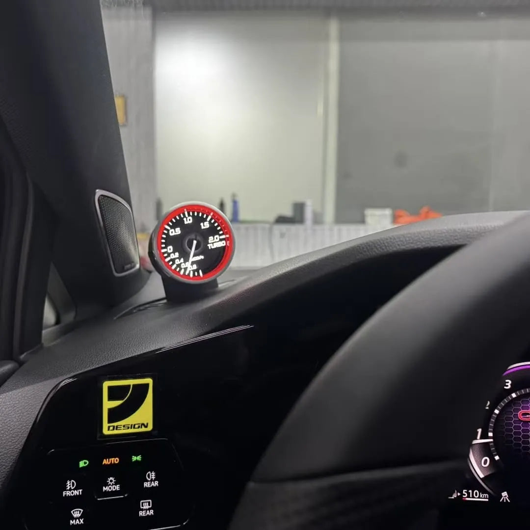 Installed defrost vent gauge pod on Golf GTI MK8 showing full airflow retention, slim, OEM-style, CJM and AeroForce alternative