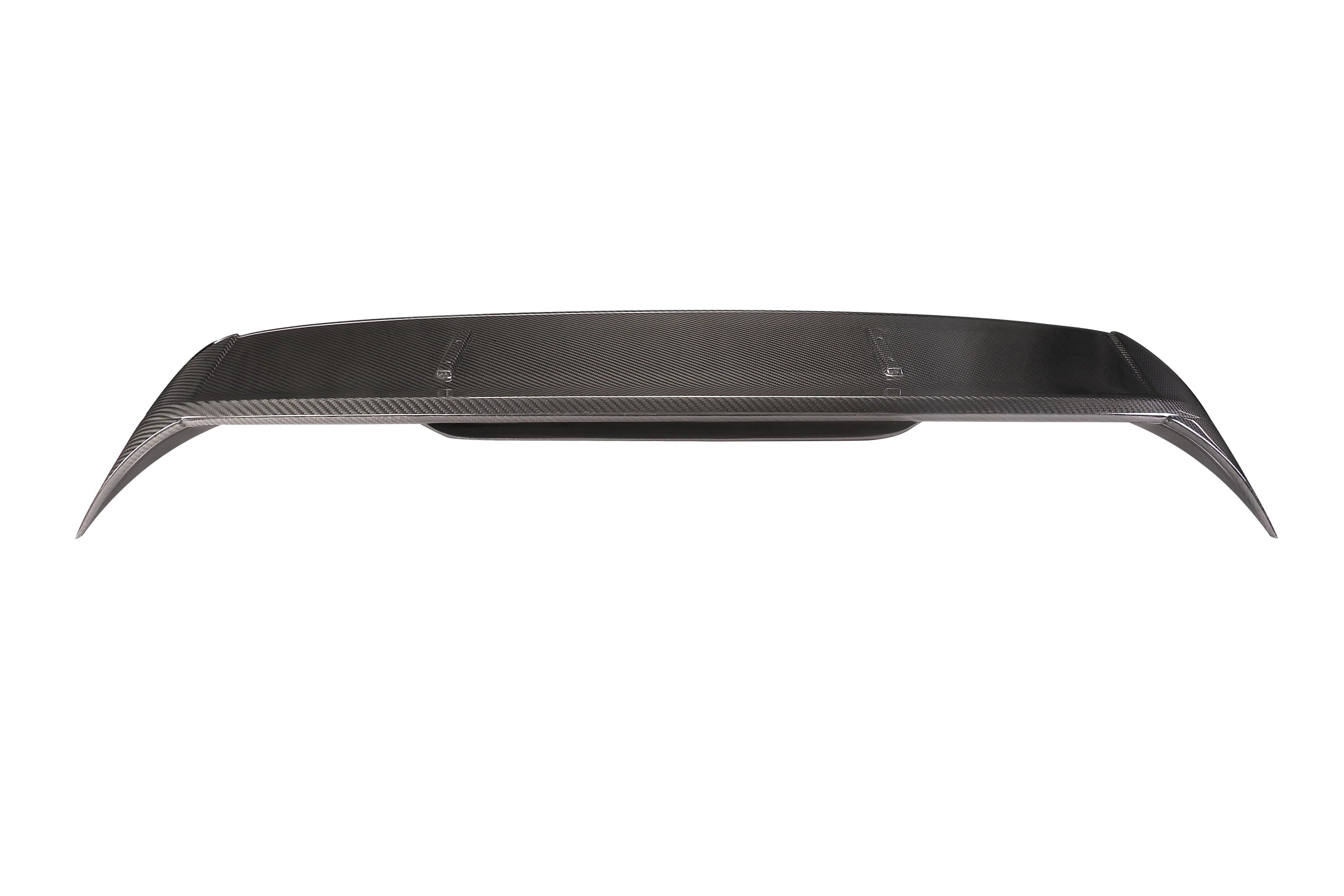 VW Golf MK8 MK8.5 GTI R swan neck GT spoiler straight front view carbon fiber wing span CNC swan neck mount brackets gloss finish TCC