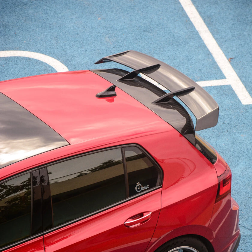 VW Golf MK8 GTI swan neck mount spoiler top front view pre-preg dry carbon fiber adjustable rear wing 2021 2022 2023 2024 2025