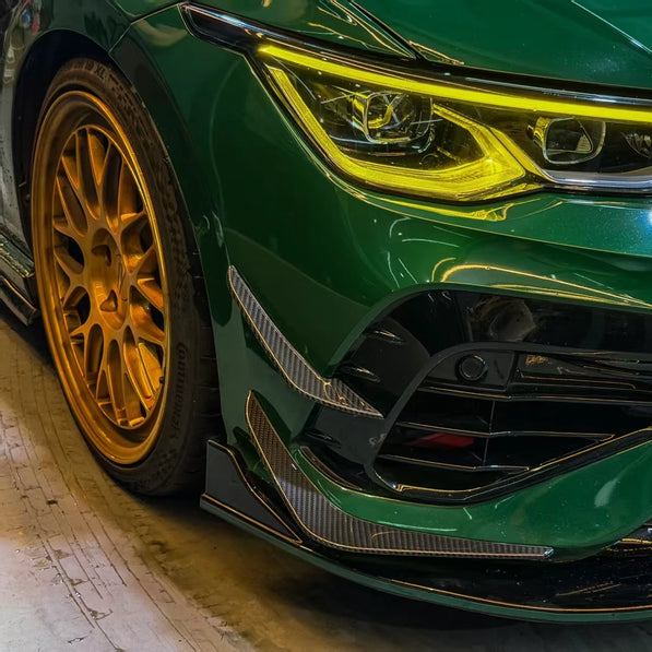 VW Golf MK8 R carbon fiber front canards installed, side angle view
