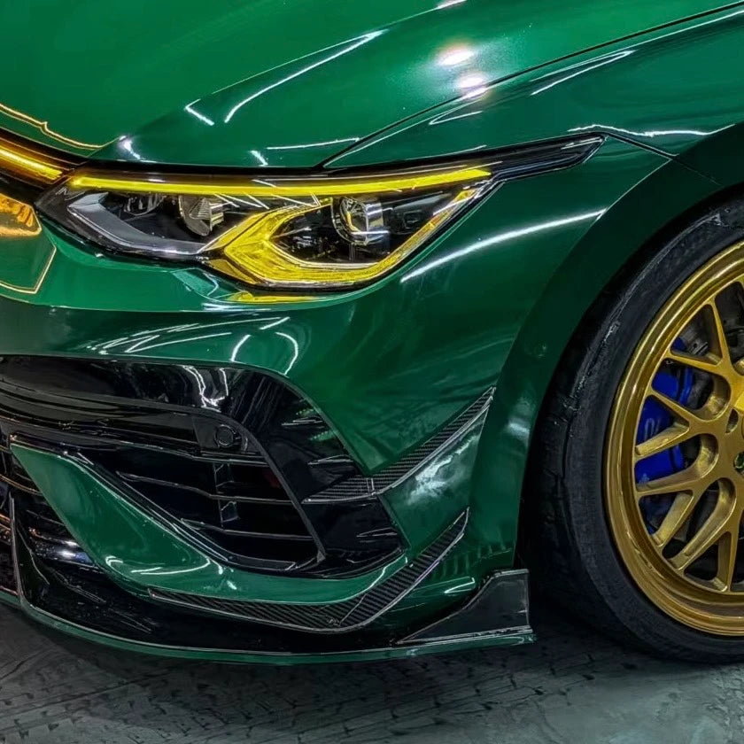 VW Golf MK8 R carbon fiber front canards installed, side profile view