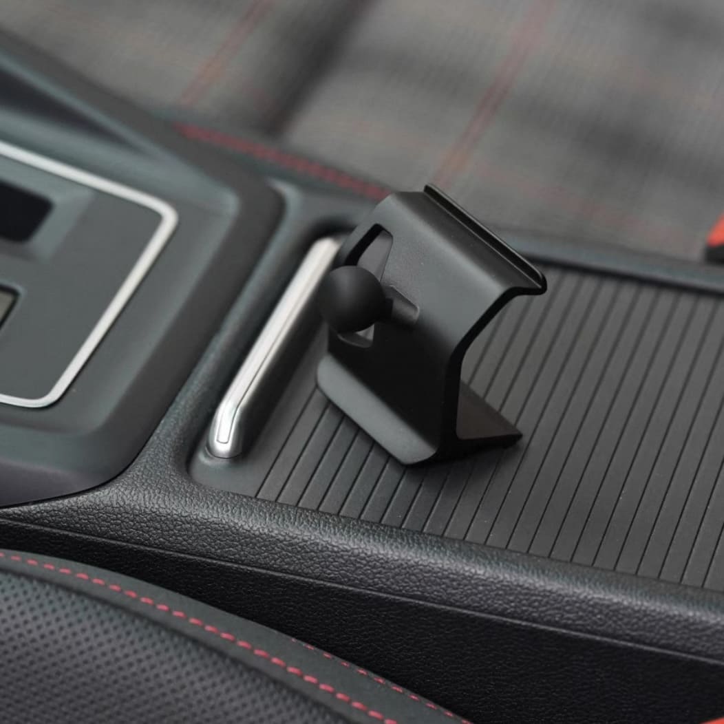 Close-up of standalone 17mm ball mount for VW Golf MK8 dashboard phone holder