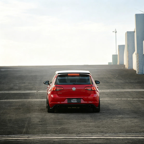 OneMiniBite OEM+ rear spoiler installed on a Volkswagen Golf MK7 and MK7.5, designed to complement the factory hatch with clean, factory-inspired fitment