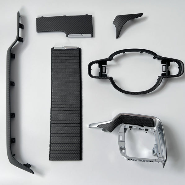 Volvo S60 V60 full carbon fiber interior trim set in matte black — steering wheel trim, dash console 3-piece and sliding lid cover