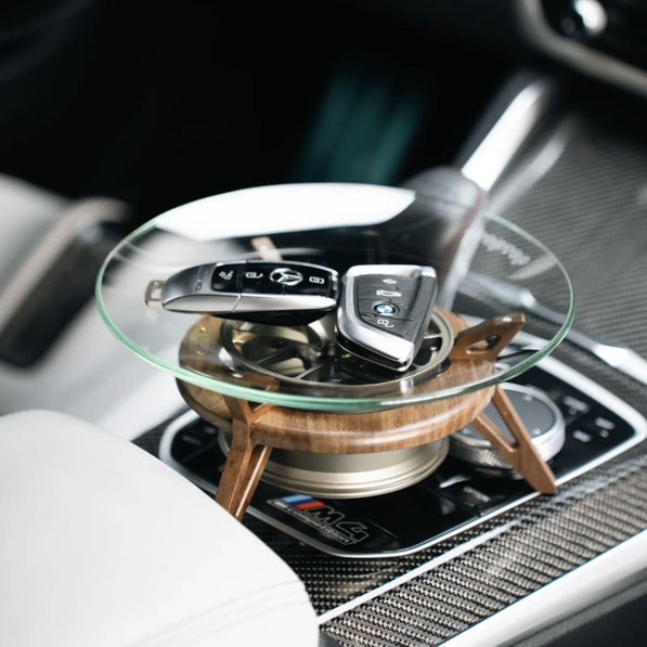 Car accessories gift for him – key tray with tempered glass and walnut wood