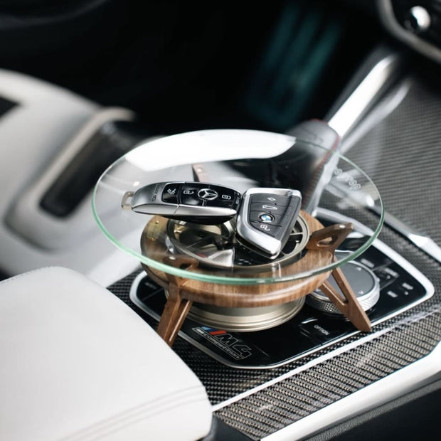 Car wheel-inspired glass key tray with car keys, automotive gift in car interior