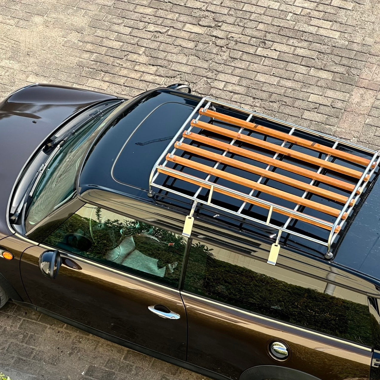 Close-up of vintage MINI roof rack with real wood slats