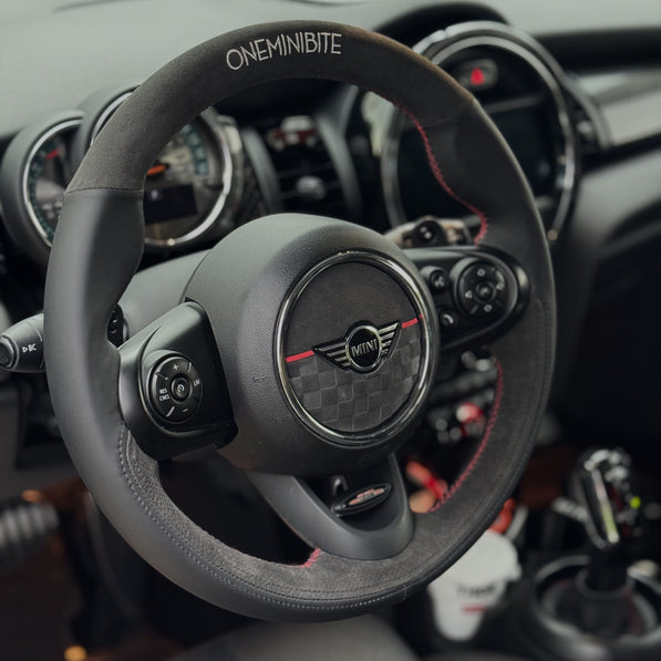 Custom MINI Cooper S steering wheel wrap with red stitch and stripe