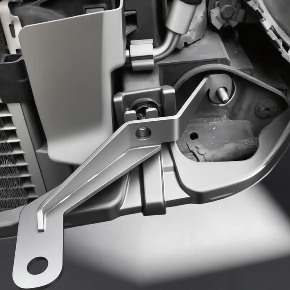 Close-up of custom MINI Cooper fog light bracket installed on left side with 10mm bolt.