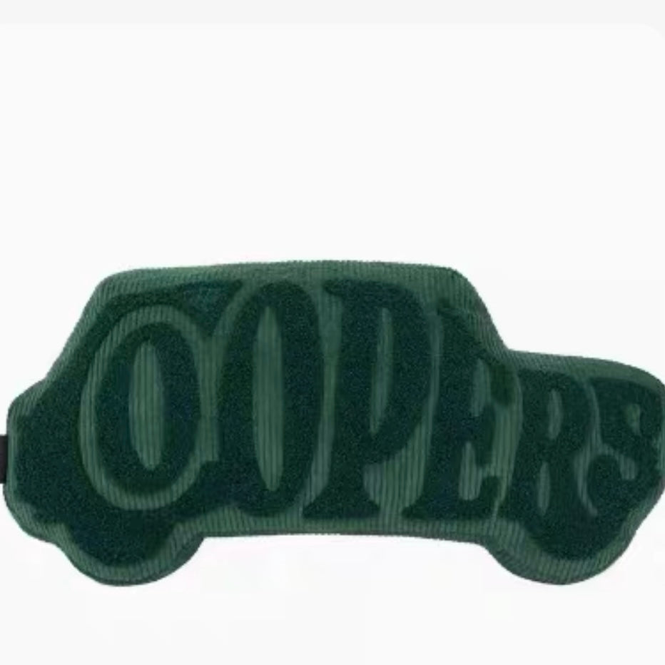 Racing Green MINI Cooper shaped plush cushion with vintage 3D embroidery