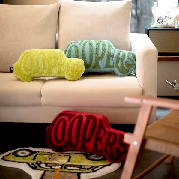 Corduroy MINI Cooper cushion styled in modern living room