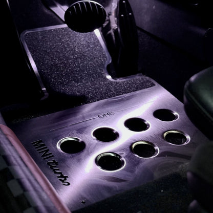 aluminum metal Brushed stainless steel track mat installed on driver side footwell of MINI Cooper F56 manual transmission