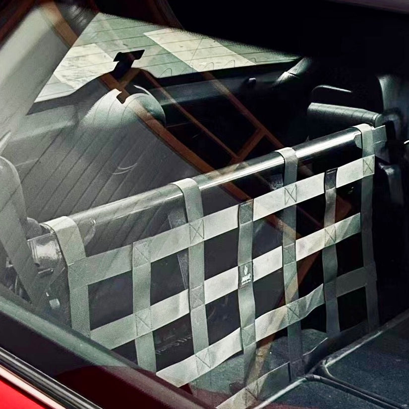 Side profile of installed carbon steel strut brace in MINI Cooper R50/R53, showing slim and precise fit.