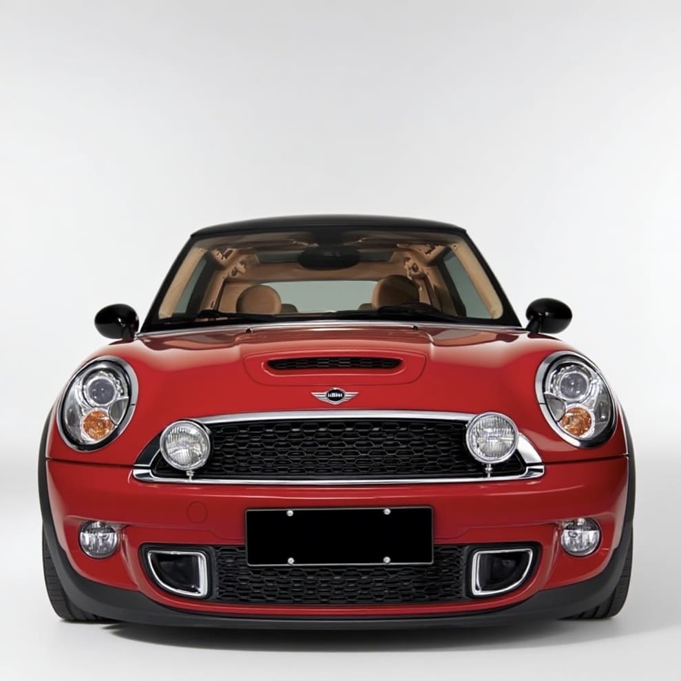 Front view of MINI Cooper R56 with rally lights installed using aftermarket stainless steel light bracket