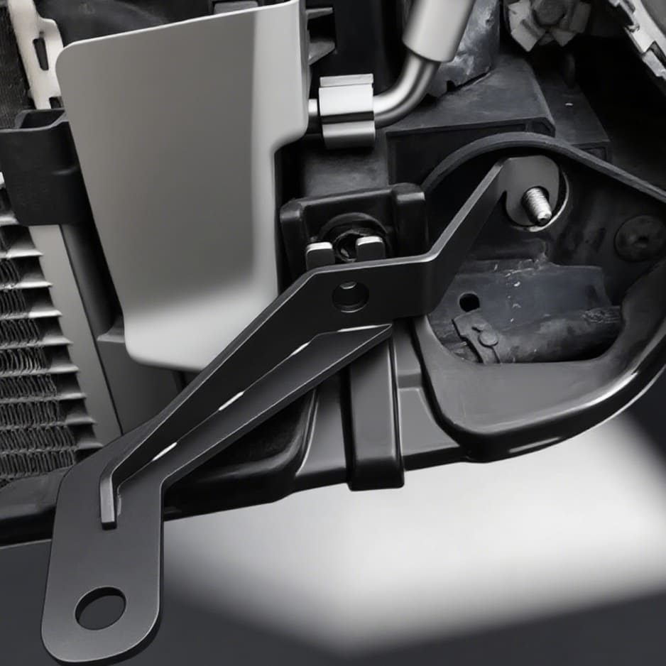 Right-side close-up of MINI Cooper S R56 rally light bracket for aftermarket driving lights