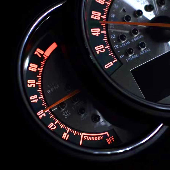 Custom gauge cluster upgrade installed on MINI Cooper Countryman F60 with classic dial style
