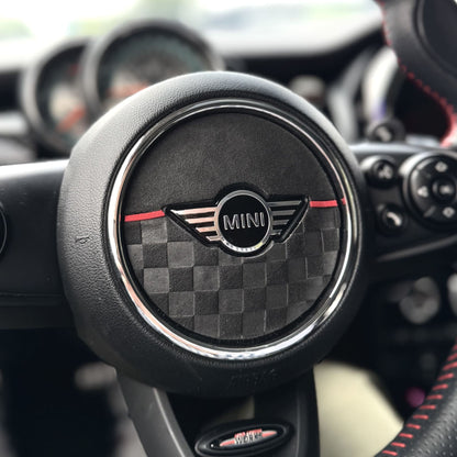 Black Alcantara airbag cover installed on 2015 MINI Cooper F55 interior