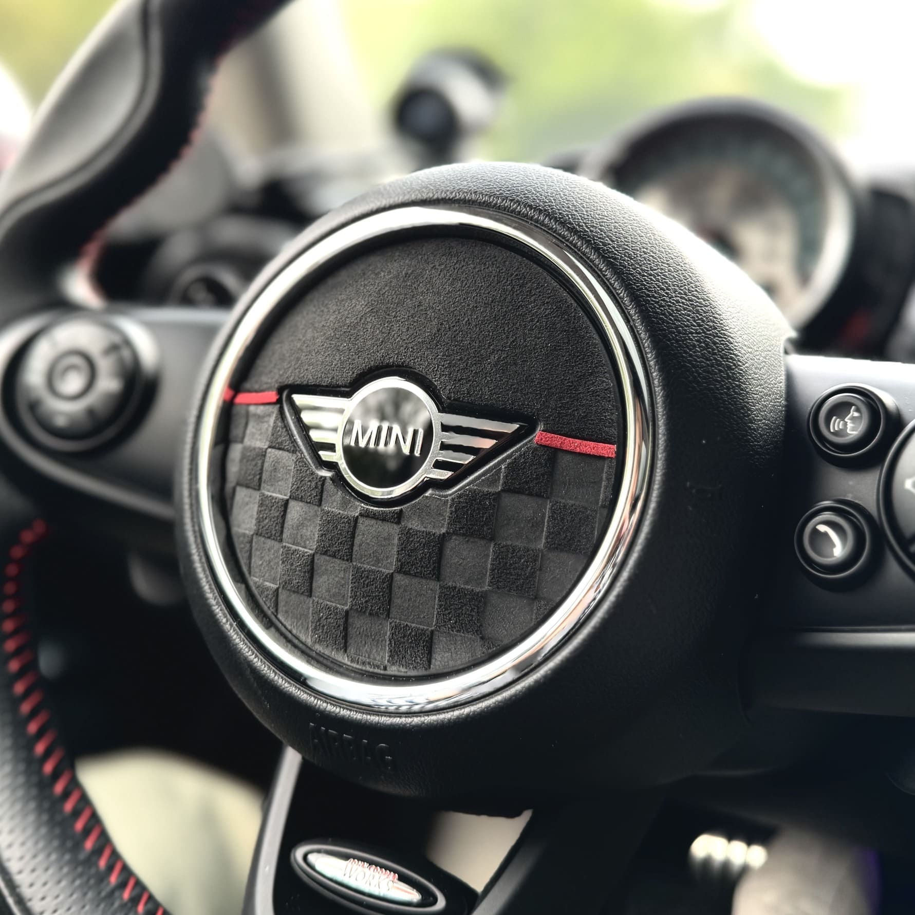 JCW-style Alcantara steering airbag cover installed on 2022 MINI Cooper F56