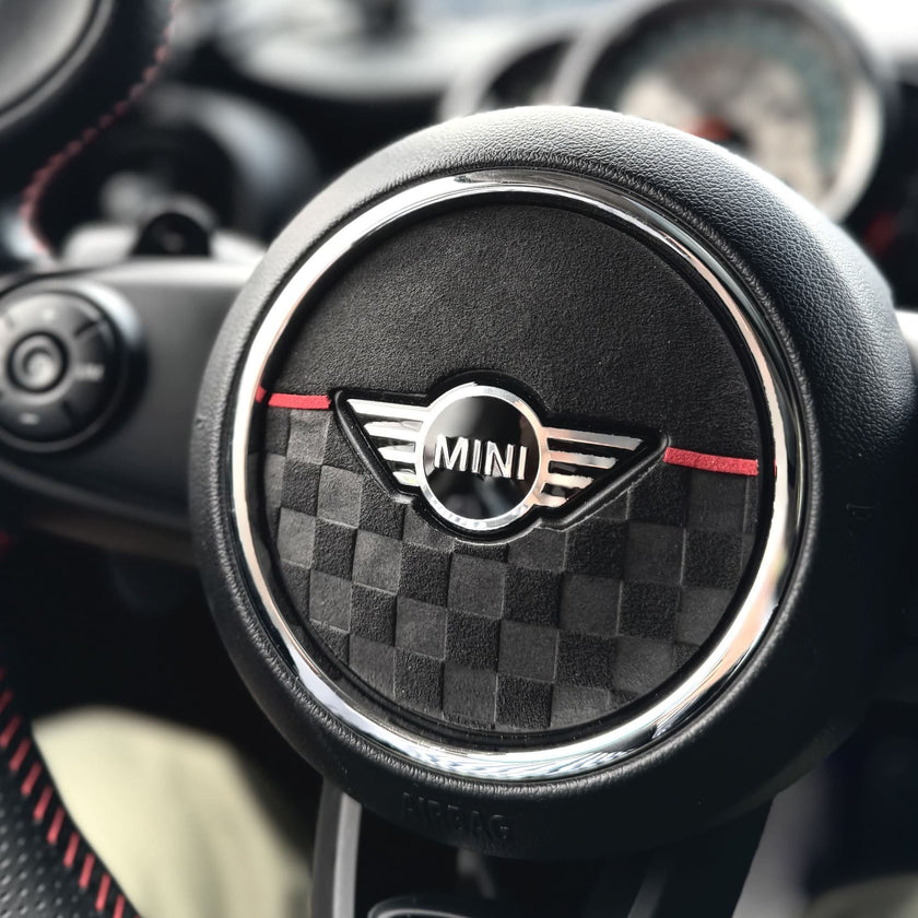 JCW Alcantara airbag cover on 2011 MINI R56 with embossed 3D design