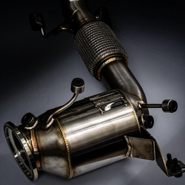 Performance downpipe with 100-cell catalytic converter for MINI Cooper F66 2.0L engine