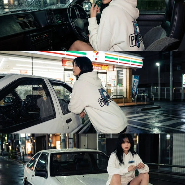 Project P P-01 automotive hoodie worn during car meet lifestyle streetwear driving culture