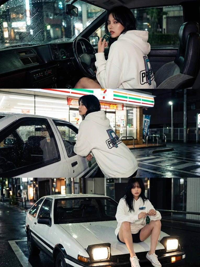 Project P P-01 automotive hoodie worn during car meet lifestyle streetwear driving culture