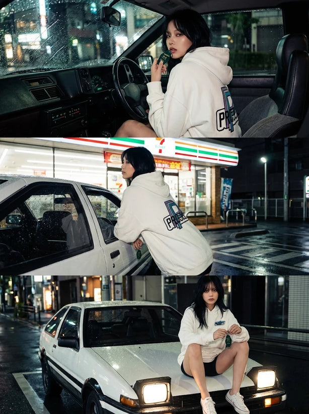Project P P-01 automotive hoodie worn during car meet lifestyle streetwear driving culture