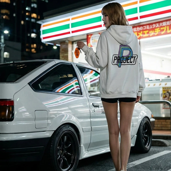 Project P P-01 logo hoodie white back design automotive inspired streetwear hoodie