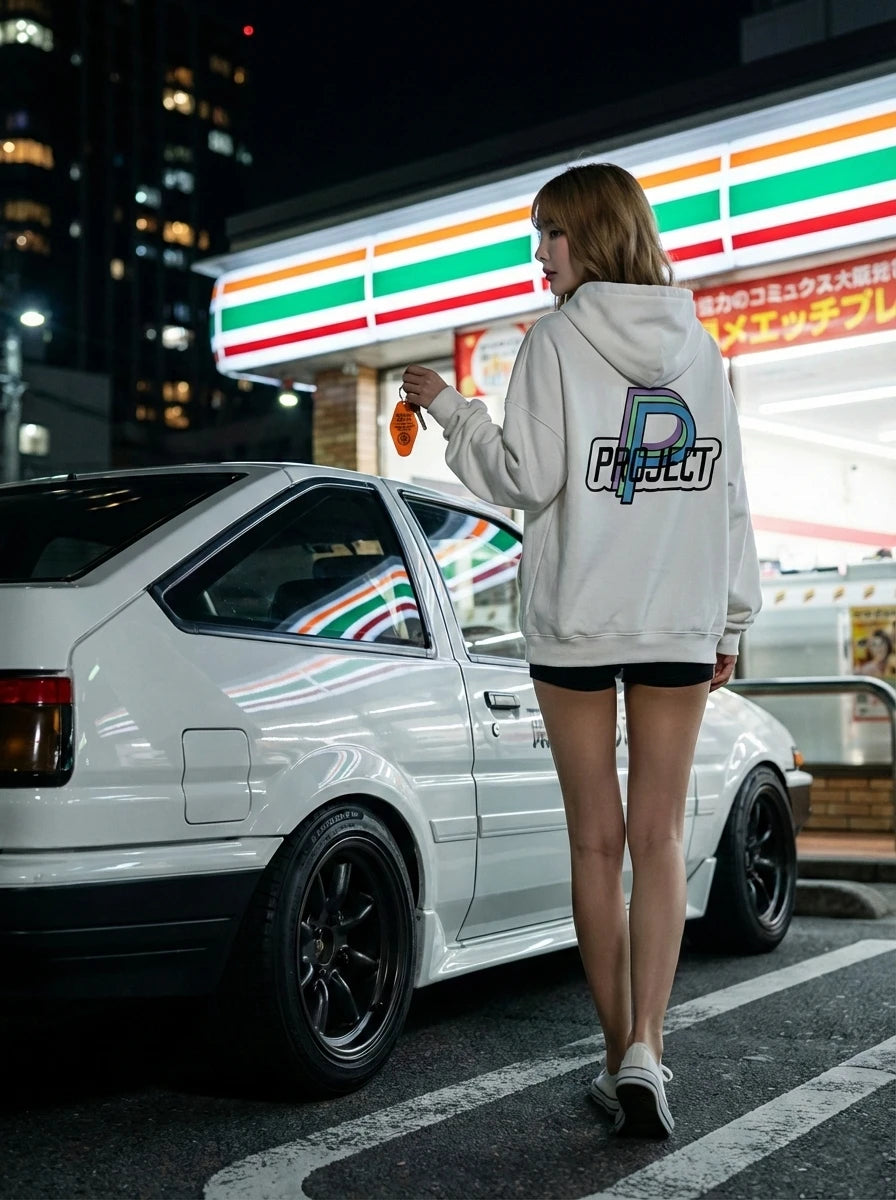 Project P P-01 logo hoodie white back design automotive inspired streetwear hoodie