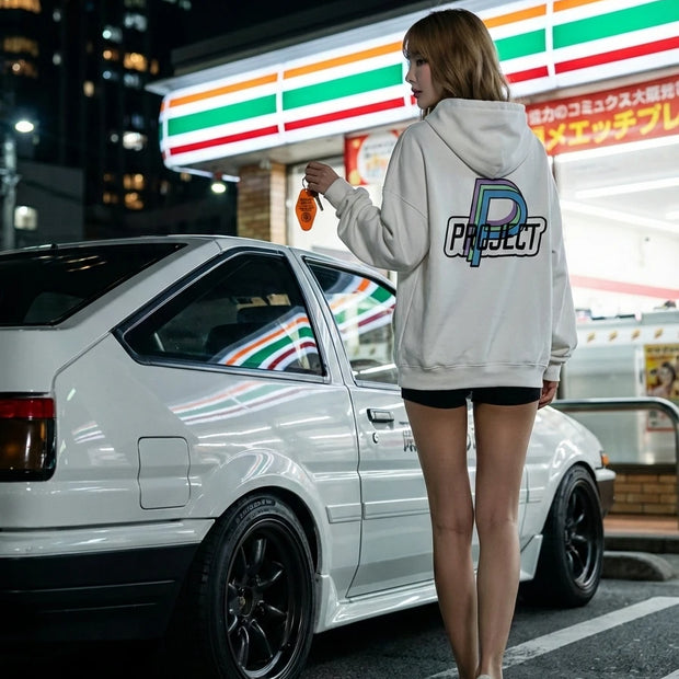Project P P-01 logo hoodie white back design automotive inspired streetwear hoodie